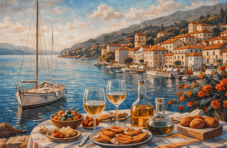 Restaurant Dalmacija - Restaurant in Magdeburg, Kroatische & internationale Spezialitäten - Gemälde von Kratien, Hafen, Segelboot, Leckeres Essen auf dem Tisch, Blumen