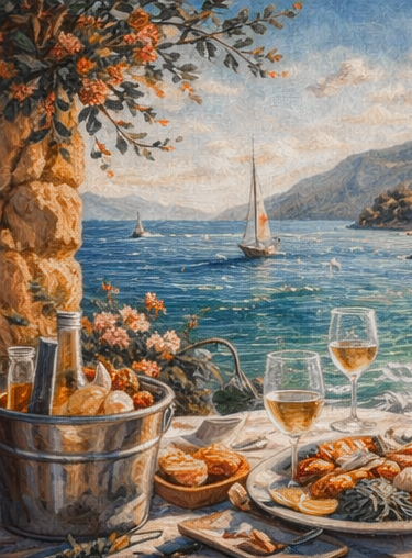 Restaurant Dalmacija - Restaurant in Magdeburg, Kroatische & internationale Spezialitäten - Gemälde von Kratien, Hafen, Segelboot, Leckeres Essen auf dem Tisch, Blumen