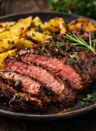Restaurant Dalmacija - Restaurant in Magdeburg, Kroatische & internationale Spezialitäten - Rumpsteak mit Kräuterbutter, Folienkartoffeln und Knoblauchbrot