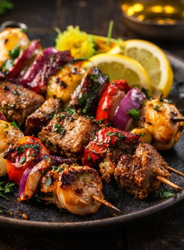 Restaurant Dalmacija - Restaurant in Magdeburg, Kroatische & internationale Spezialitäten - Schaschlick, Zwei Rumpsteak und zwei Schweinefilet, mit gedünsteten Zwiebeln und Paprika, Djuveci-Reis und Pommes
