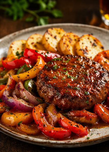 Restaurant Dalmacija - Restaurant in Magdeburg, Kroatische & internationale Spezialitäten - Pljeskavica mit gegrilltem Gemüse