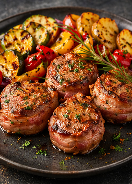 Restaurant Dalmacija - Restaurant in Magdeburg, Kroatische & internationale Spezialitäten - Schweine-Medaillons mit Kartoffeln und gegrilltem Gemüse