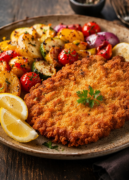 Restaurant Dalmacija - Restaurant in Magdeburg, Kroatische & internationale Spezialitäten - Schweinschnitzel "Wiener Art" mit Pommes und Gemüse