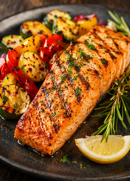 Restaurant Dalmacija - Restaurant in Magdeburg, Kroatische & internationale Spezialitäten - Fischgericht, Gebratenes Lachsfilet vom Grill dazu gegrilltes Gemüse